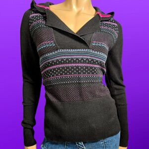Y2K Hooded Black Fair Isle Skinny Sweater Size S Cotton Emo Indie 2000s